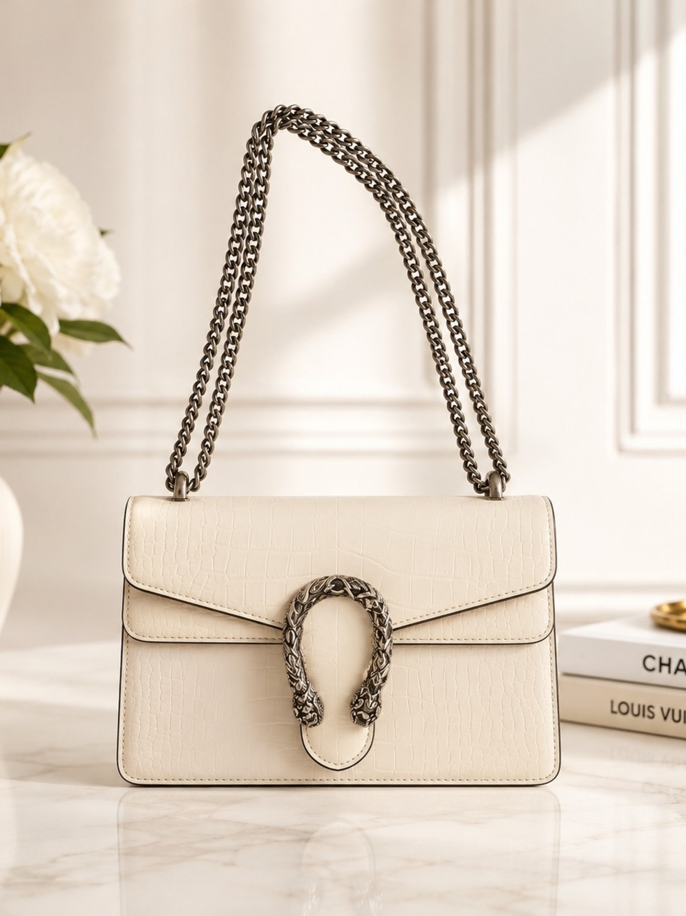 Elegant Cream Shoulder Bag with Chain Strap